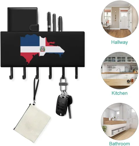 Vista 4 de Llavero de bandera de mapa de República Dominicana para pared, colgante de llaves decorativo con 5 ganchos para oficina en casa
