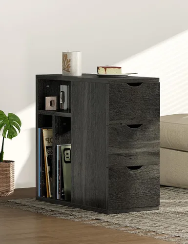 Vista 2 de Mesa auxiliar estrecha con 3 cajones, mesa auxiliar de madera con estantes de almacenamiento para sala de estar, mesa auxiliar delgada para sofá