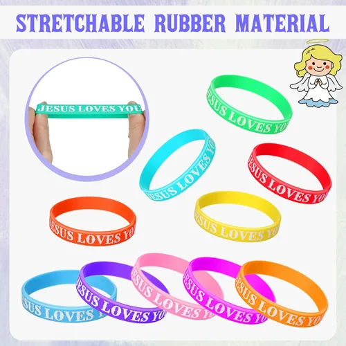Vista 6 de Lewtemi 100 pulseras cristianas de silicona a granel, pulseras cristianas de goma coloridas, pulseras de goma motivacionales para hombres y mujeres