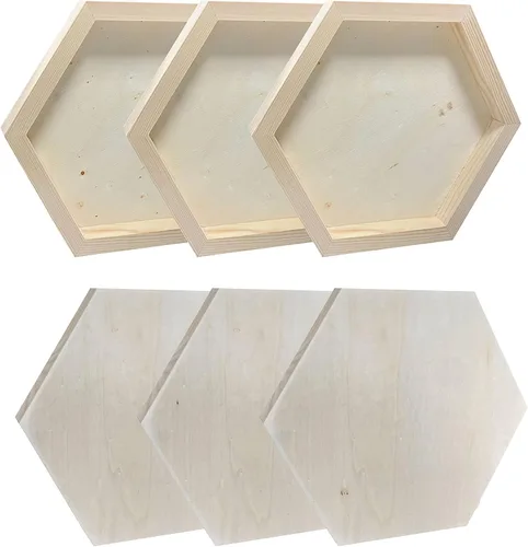 Vista 5 de Lienzo de madera hexagonal para manualidades, tableros de madera enmarcados para pintar (8 x 9 pulgadas, 6 unidades)
