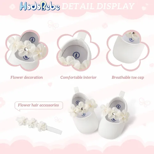 Vista 6 de HsdsBebe 2 unidsset recién nacido bebé niña princesa Mary Jane zapatos para niños pequeños vestido de boda zapatos planos con diadema gratis
