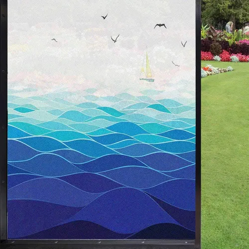Vista 32 de Película decorativa de privacidad para ventana, control de calor, bloqueo solar, protección UV, diseño abstracto oceánico, adherencia estática Azul