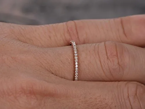 Vista 4 de Anillo de boda de oro rosa de 14 quilates, media eternidad, anillo apilable, micro pavé, banda fina a juego