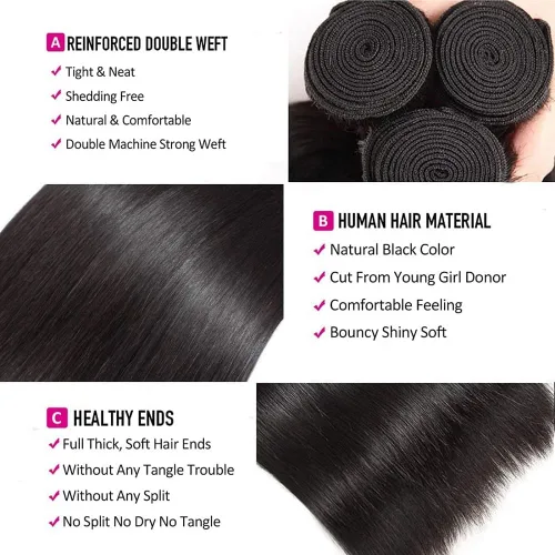 Vista 2 de Extensiones de pelo lacio 10A, paquetes de cabello humano 10 12 14 pulgadas, 100% cabello humano brasileño virgen sin procesar, tejido de pelo Negro
