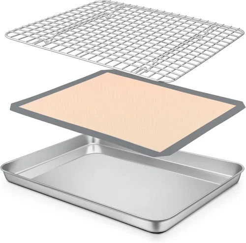 Vista 9 de P&P CHEF Bandeja para horno tostador de 9 x 7 x 1 pulgadas con rejilla y alfombrilla de silicona, bandeja para horno tostador de acero inoxidable