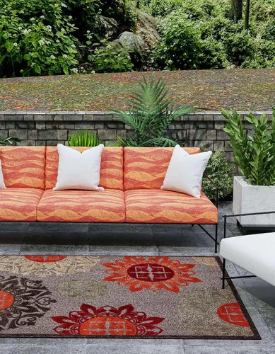 Vista 4 de Unique Loom Outdoor Modern Collection - Alfombra rectangular de 2 x 3 pies 1 pulgada, color marrón y naranja