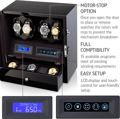 Vista 5 de 4 Watch Winder with 5 Watch Storage Space, LCD Display, Touch Control and Interior Light Negro + Negro