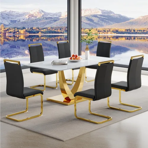 Vista 20 de Juego de mesa de comedor para 4, mesa de comedor de mármol sintético de 63 pulgadas con patas y base de acero inoxidable, sillas acolchadas