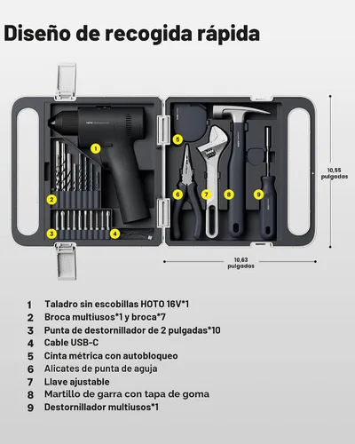 Vista 8 de HOTO Kit de herramientas para el hogar 25PCS con taladro eléctrico sin