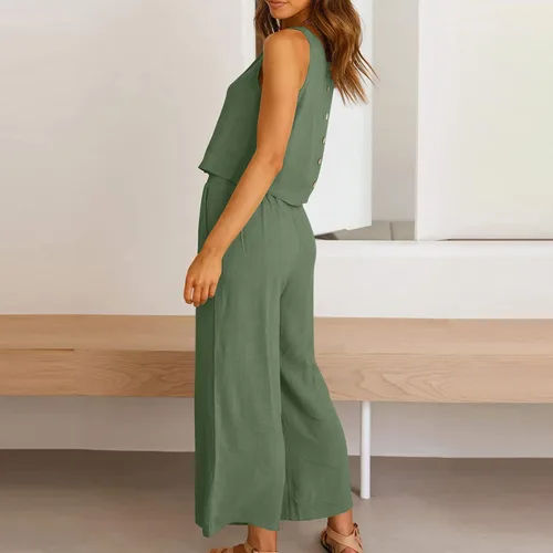 Vista 6 de Conjunto de 2 piezas de algodón y lino para mujer, camiseta corta sin mangas y pantalones cortos de pierna ancha, conjuntos casuales de algodón