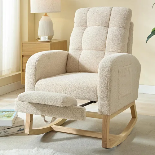 Vista 11 de NIOIIKIT Mecedora Moderna para Guardería, Mecedora Tapizada Teddy con Reposapiés, Cómoda Mecedora Deslizante con Bolsillo Lateral para Sala