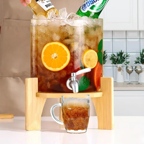 Vista 4 de Dispensador de bebidas de vidrio con soporte, dispensador de bebidas de vidrio de 1.5 galones, dispensador de bebidas con soporte de madera, grifo