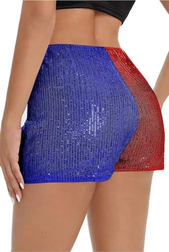 Vista 2 de Pantalones cortos de lentejuelas para mujer, de cintura alta, elásticos, pierna recta, brillantes, para fiesta, concierto, con purpurina