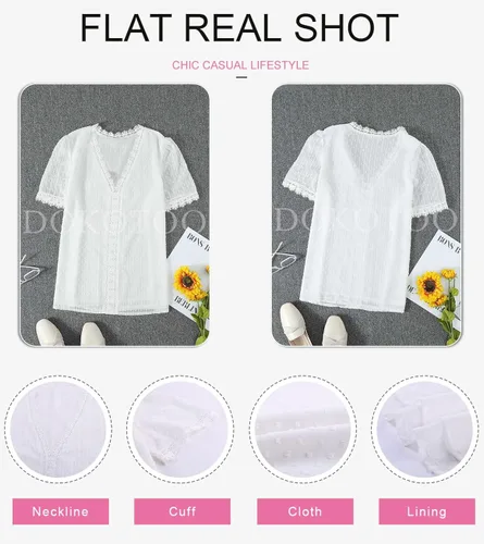 Vista 4 de Dokotoo - Blusas para mujer con cuello en V y encaje a crochet con vuelo camisetas