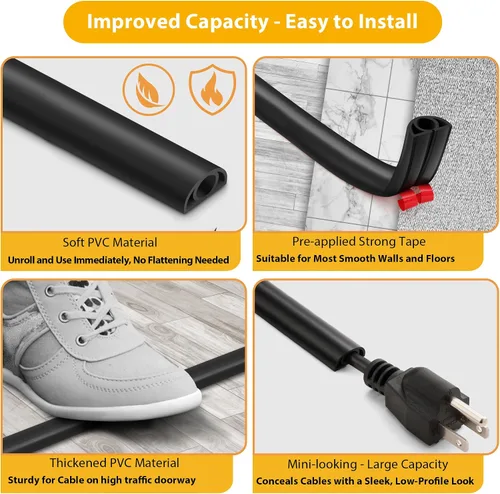 Vista 3 de ZhiYo 5ft Floor Cable Cover, Narrow Wire Protector for Corners, Black Negro