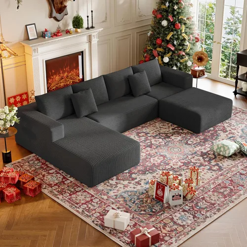 Vista 9 de Sofá modular sin hueso de 134.6 pulgadas para sala de estar, sofá modular de pana en forma de U con diván y almohadas, sofá seccional de 4 asientos