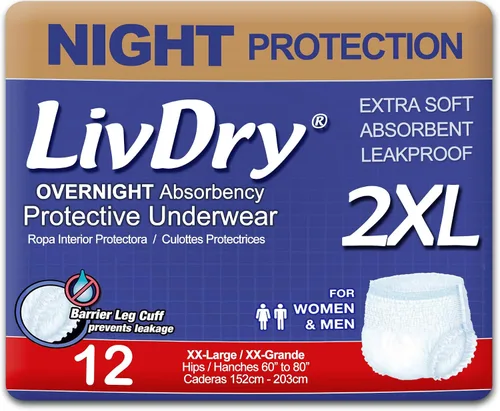 Vista 12 de LivDry Ropa interior para incontinencia XS para adultos, absorción de comodidad durante la noche, protección contra fugas, talla XS, paquete de 22
