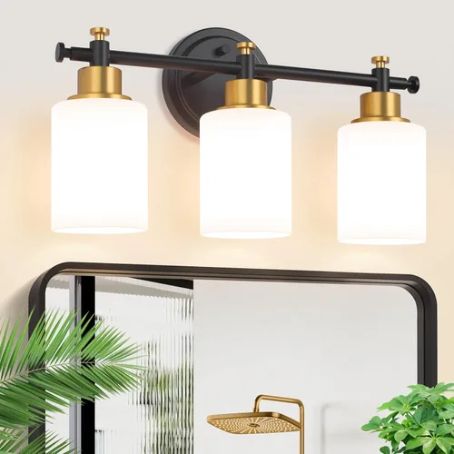 Vista 17 de Lámparas de baño negras de 3 luces, modernas luces de tocador sobre el espejo, apliques de pared de baño con pantalla de vidrio blanco, enchufe E26