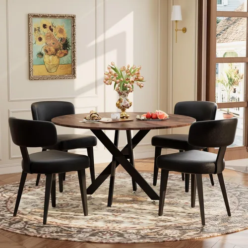 Vista 13 de Juego de mesa de comedor de madera para 2, mesa de cocina redonda de 36 pulgadas con 2 sillas de comedor Boucle, mesa de MDF con patas de metal