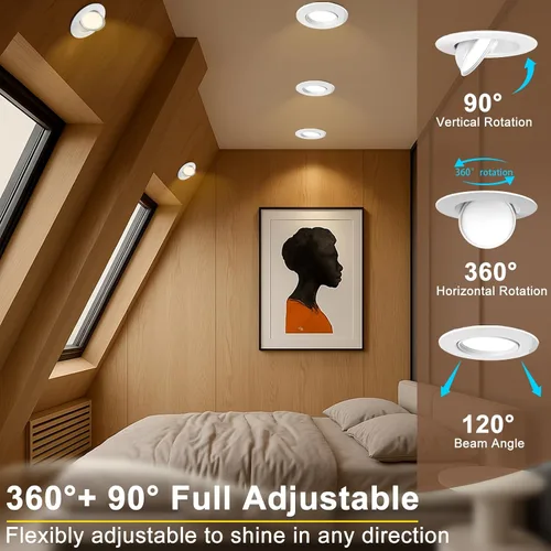 Vista 4 de Lightdot - Paquete de 6 luces LED empotrables con rótula de 6 pulgadas, ajustable 360°+90°, temperatura de color de 3CCT seleccionable y regulable