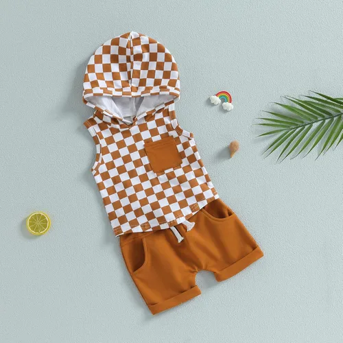 Vista 9 de Conjunto de ropa de verano para bebé niño y niño, diseño a cuadros, manga corta, sudadera con capucha y pantalones cortos casuales