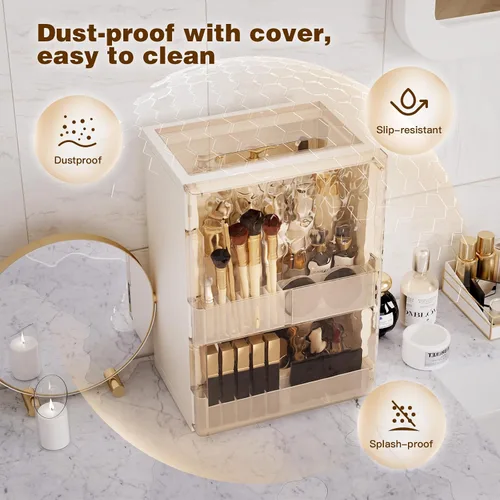 Vista 6 de Organizador de maquillaje con cajones, organizador de cuidado de la piel para tocador, vitrina grande de cosméticos con asa, organizadores