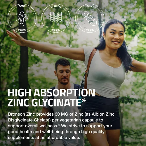 Vista 4 de Bronson Glicinato de zinc 30 mg quelatado absorción superior 100% fórmula quelatada sin OMG, 240 cápsulas vegetarianas