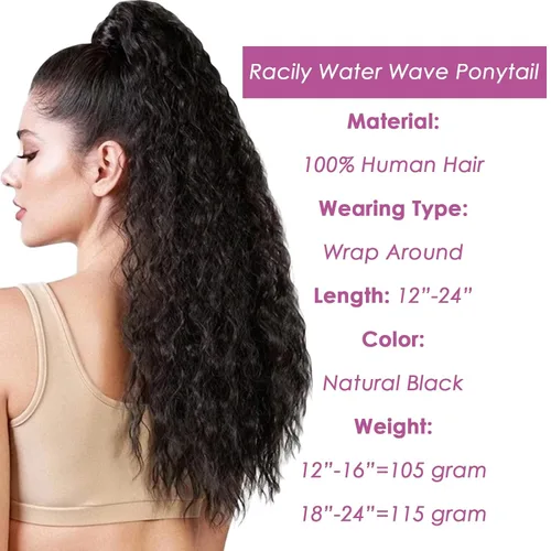 Vista 5 de Extensión de cola de caballo de cabello humano, onda de agua, pasta mágica, ondulado, natural, cola de caballo rizada 100% real, cabello Remy ondas