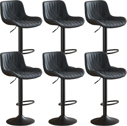 Vista 11 de Juego de 2 taburetes de bar modernos y giratorios ajustables con respaldo, asientos acolchados de piel sintética, sillas de isla de cocina para Gris