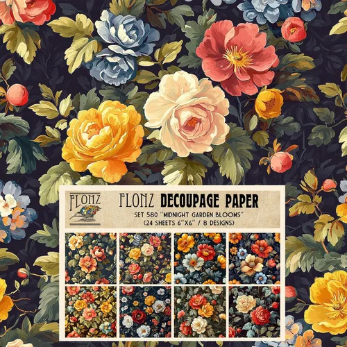 Vista 15 de Decoupage - Paquete de papel (24 hojas de 6 x 6 pulgadas), rosas doradas: delicadas rosas doradas y perlas que adornan un lienzo azul medianoche