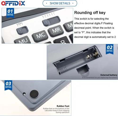 Vista 4 de OFFIDIX Calculadora electrónica de pantalla LCD de doble potencia de llave Negro