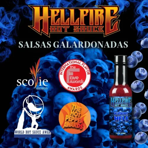 Vista 7 de Salsa picante Hellfire Blueberry Hell con pimientos Carolina Reaper, Gourmet, galardonada salsa picante a base de frutas, 5 onzas