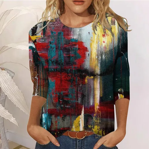 Vista 2 de Camisetas de manga 34 para mujer, estilo casual, estilo de San Valentín, cuello redondo, holgadas