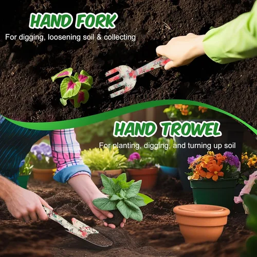 Vista 5 de Regalos de jardinería para mujeres, suministros de jardinería, herramientas de jardín con tenedor de mano, pala, guantes, delantal, para mamá