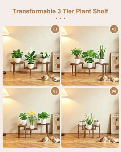 Vista 3 de Estante de plantas cóncavo de interior, soporte de plantas ovalado deformable de 3 niveles, soporte largo para macetas para múltiples plantas