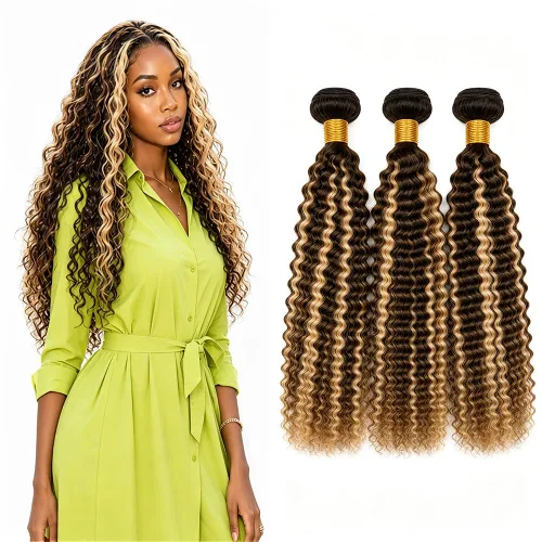 Vista 93 de P4613 Cabello humano rizado onda profunda marrón y paquetes mixtos 8 10 12 P4613 Ombre Marrón-Rubio-DP