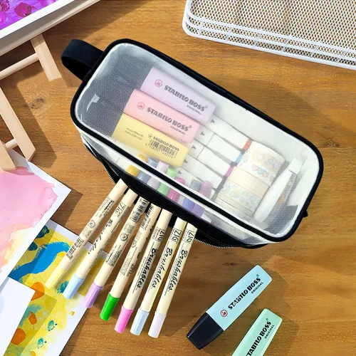 Vista 2 de Estuche grande de malla de malla con 2 compartimentos, bolsa transparente para lápices con cremallera, bolsa de papelería transparente multifunción