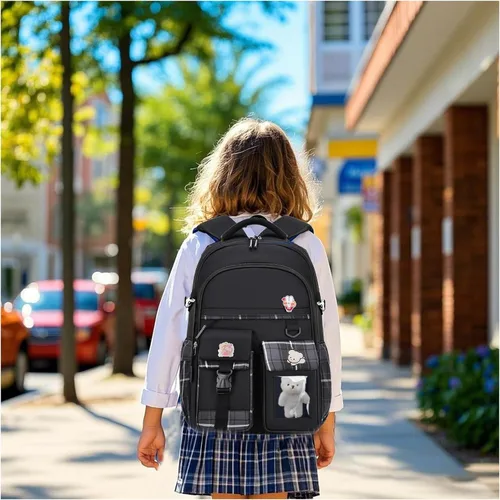 Vista 2 de PRLINJSK Mochila para niñas, mochila escolar linda para niñas, niños y adolescentes, mochila Kawaii para primaria, Negro, Mediana, Mochilas