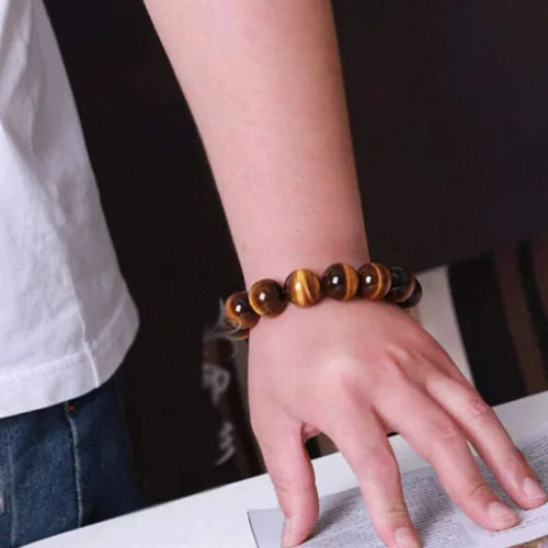 Vista 3 de Pulsera de cuentas redondas de piedra de ojo de tigre rojo natural, brazalete elástico (tamaño 0.551in)