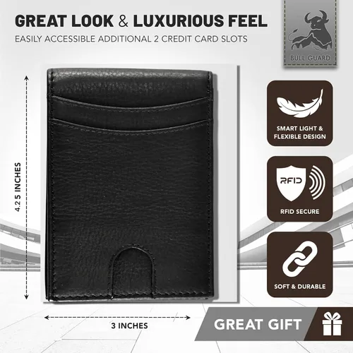 Vista 6 de BULL GUARD Cartera delgada de cuero con bolsillo frontal para hombre, negro (Nappa Black), Minimalista