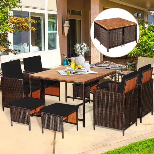 Vista 3 de HAPPYGRILL Juego de 9 piezas de comedor para patio al aire libre con asientos acolchados, mesa de comedor que ahorra espacio con mesa de madera
