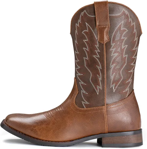 Vista 6 de IUV Botas vaqueras para hombre, botas occidentales, duraderas, clásicas, bordadas, punta cuadrada, botas tradicionales