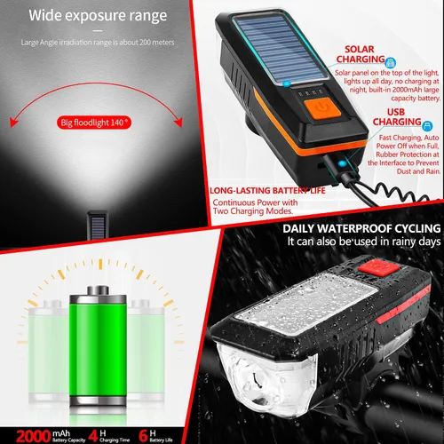 Vista 6 de Faro de bocina de bicicleta solar / USB de doble carga para bicicleta, luz de bocina de bicicleta de alto brillo, impermeable, luz de bocina