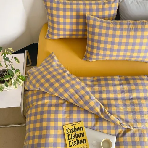 Vista 35 de MKXI Juego de funda de edredón a cuadros de tamaño individual, color verde bosque y amarillo mostaza, ropa de cama de 3 piezas de algodón lavado