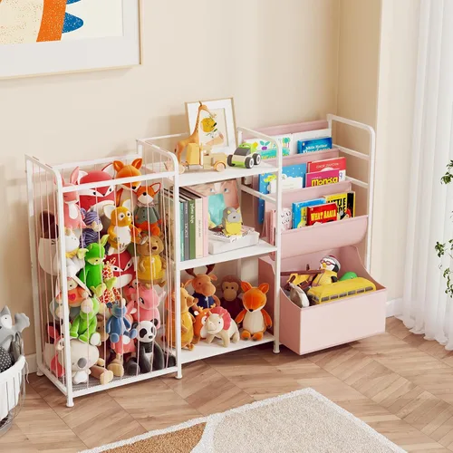 Vista 8 de BBLIKE Organizador de almacenamiento de animales de peluche 3 en 1, almacenamiento de juguetes con estantería para niños y soporte grande