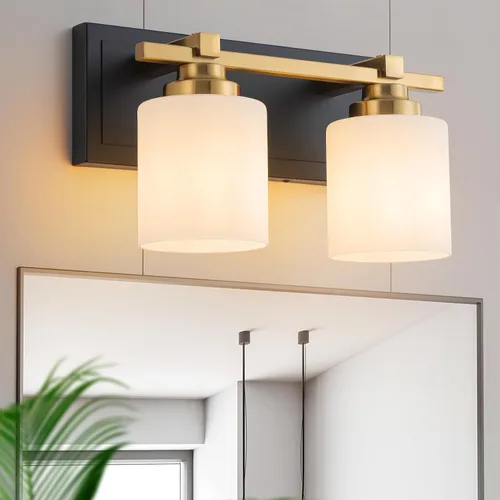 Vista 15 de 1 Luminaria Moderna de Baño sobre Espejo, Luces de Tocador Negro Dorado para Apliques de Pared de Baño con Pantallas de Vidrio Blanco Lechoso