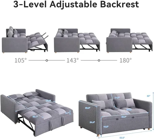 Vista 3 de Sofá cama biplaza, sofá cama convertible 3 en 1, sofá cama extraíble con respaldo ajustable, sillón multifuncional con tela de peluche para sala