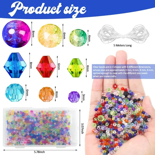 Vista 2 de 1300 PIEZAS Cuentas de Vidrio para Hacer Joyería, Cuentas de Cristal de Arcoíris Multicolor para Manualidades, Cuentas Sueltas Variadas con Caja