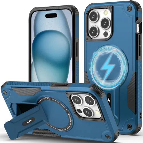 Vista 8 de ACCREW Funda magnética para iPhone 15 con soporte invisible [compatible con MagSafe] [protección contra caídas] con borde de TPU suave, parte