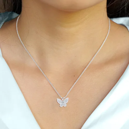 Vista 3 de Blooming Garden - Collar con colgante de diamante de mariposa abierta, 14 cttw Baguette y collar de mariposa de diamante redondo, chapado en oro